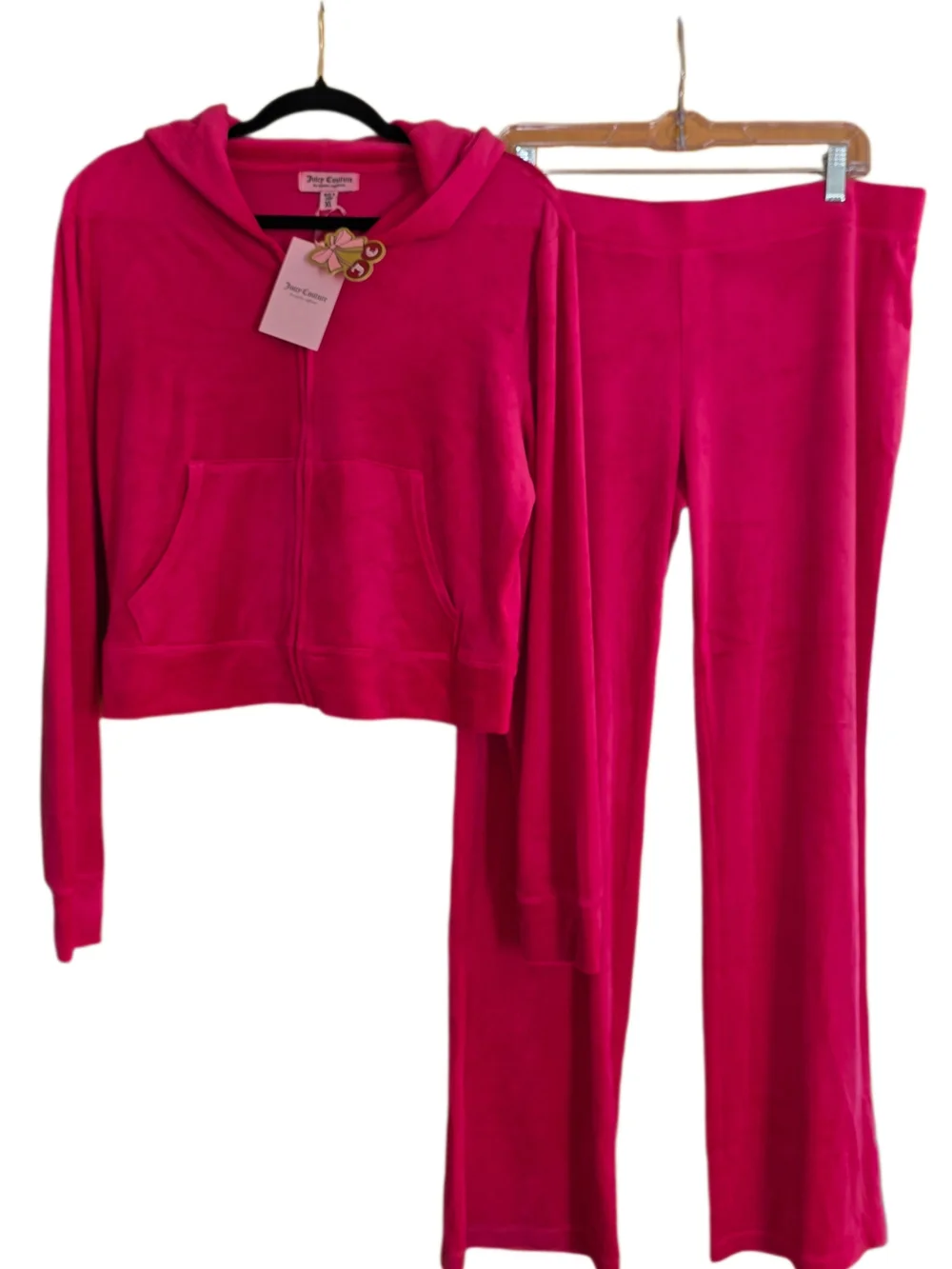 Juicy Couture Vixen Pink Velour Zip Hoodie & Jogger Pants XL. Y2K, Bling